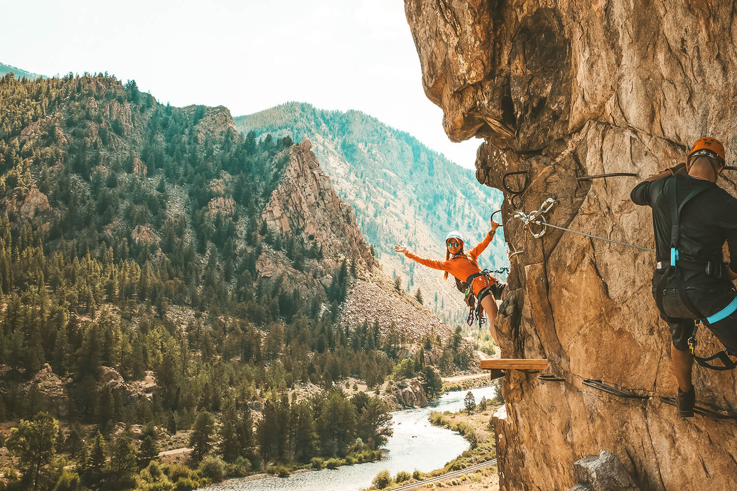 woman on the granite via ferrata course in colorado